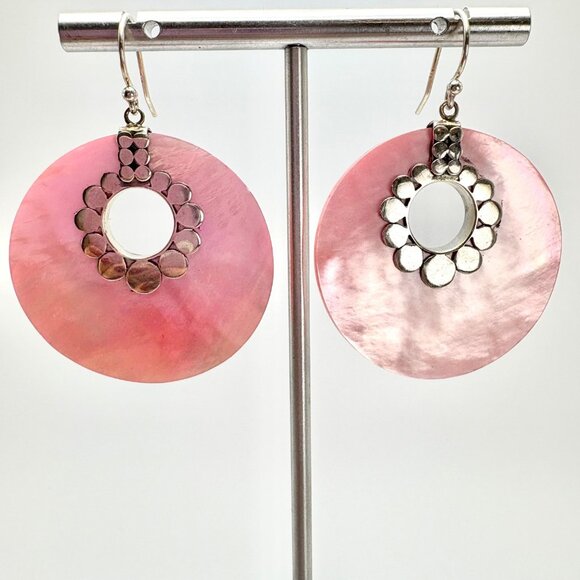 VTG Sterling Silver 925 Pink Shell Circle Dangle Earrings Size 2" Length - Picture 1 of 12